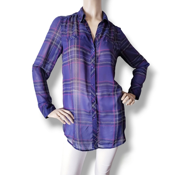 Guess Tops - Guess Purple & Pink Plaid Print Chiffon Sheer Long Sleeve Blouse Size Small